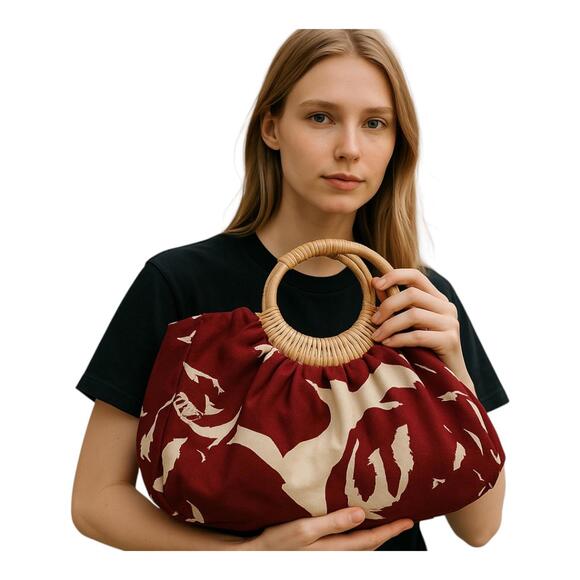 Old Navy‎ Canvas Handbag Summer Wooden Handles - Picture 2 of 8